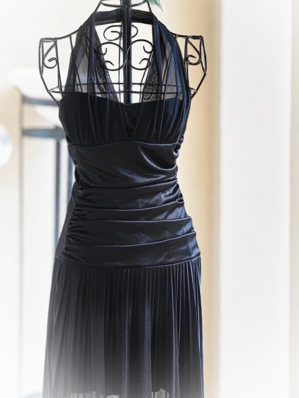 Taboo Black Ruched Mini Dress, Mesh Halter Neck, Size M